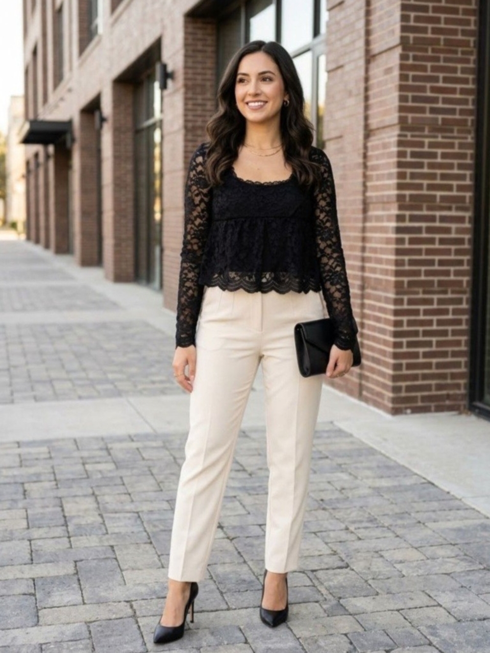 La Peche Black Lace Long-Sleeve Crop Top. Size M
